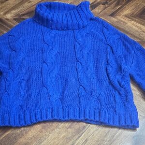 Blue Cable Knit Turtleneck Sweater